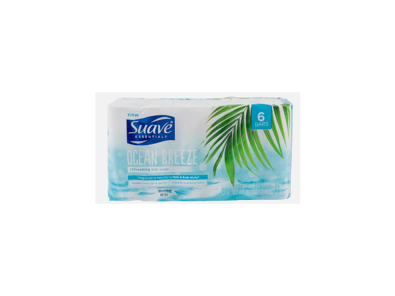 Suave Essentials Ocean Breeze Refreshing Bar Soap, 3.35 oz/95.2 g, 6 Bars
