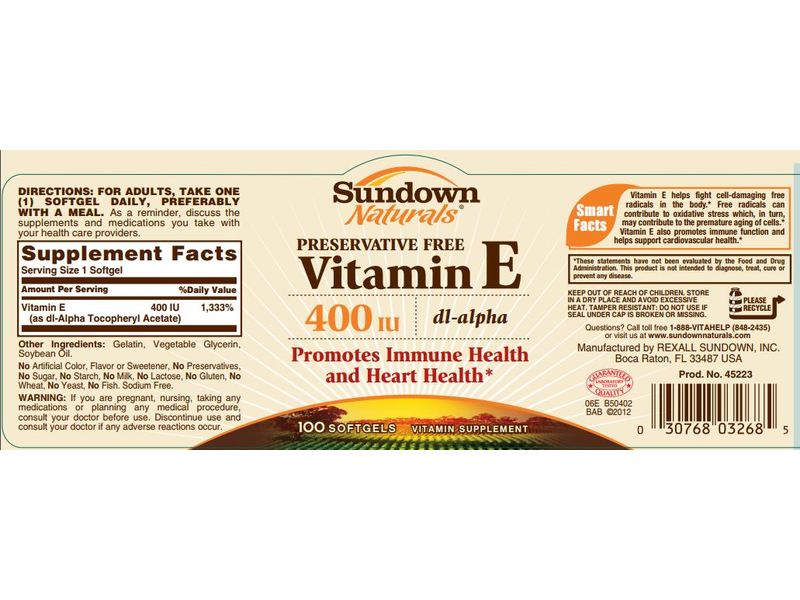 Sundown Naturals Vitamin E, 400 iU, dl-alpha, 100 softgels