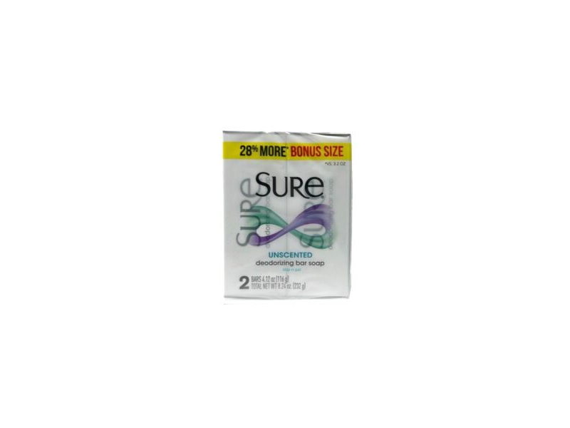 Sure Unscented Deodorizing Bar Soap, 4.12 oz/116 g, Pack Of 2