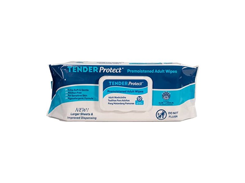 Tender Protect Premoistened Adult Wipes, Aloe + Lanolin, 50 Count