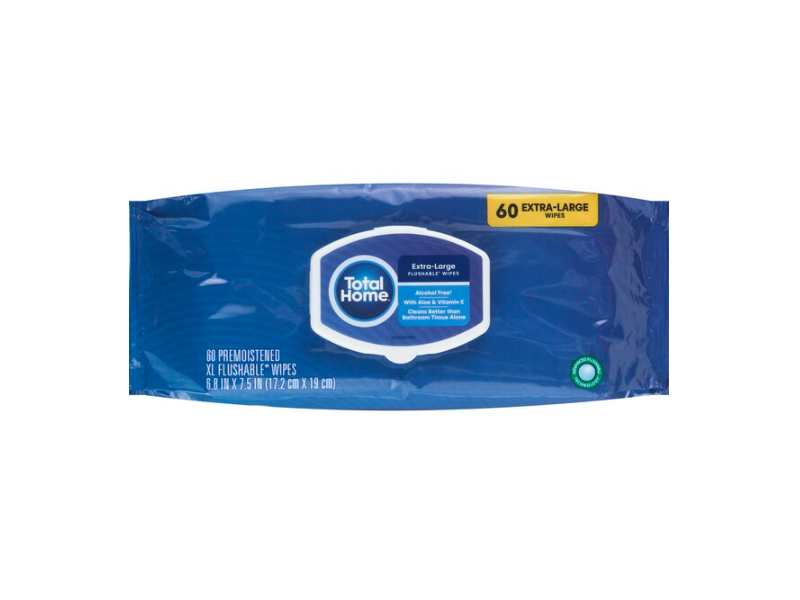 Total Home Premoistened XL Flushable Wipes, Aloe & Vitamin E, 60 Count