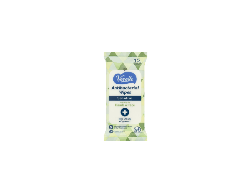Vevelle Antibacterial Hands & Face Wipes, Sensitive, 15 Count