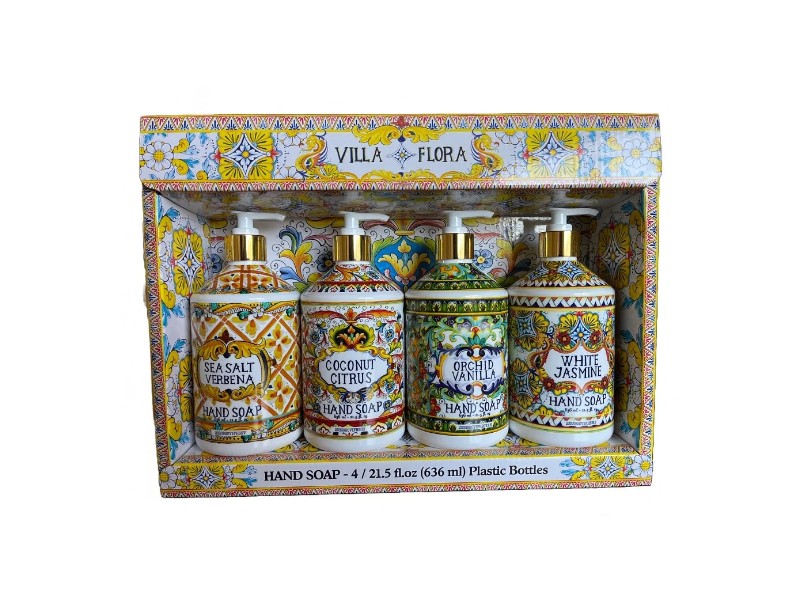 Villa Flora Hand Soap, Sea Salt Verbena + Coconut Citrus + Orchid Vanilla + White Jasmine, 21.5 fl oz/636 mL, Pack Of 4
