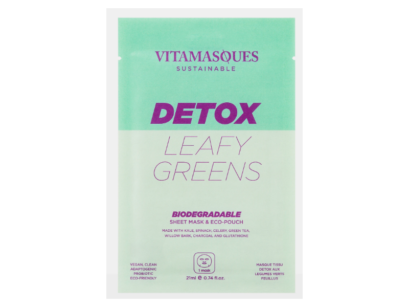 Vitamasques Biodegradable Sheet Mask & Eco-Pouch, Detox Leafy Greens, 0.74 fl oz/21 mL