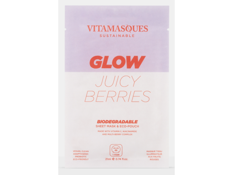 Vitamasques Glow Biodegradable Sheet Mask & Eco-Pouch, Juicy Berries, 0.74 fl oz/21 ml