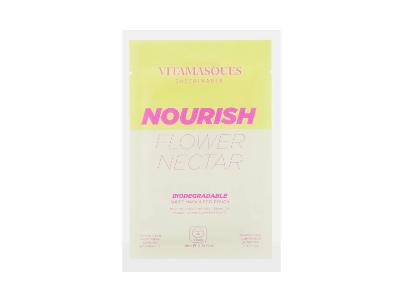 Vitamasques Nourish Flower Nectar Biodegradable Sheet Mask & Eco-Pouch, 0.74 fl oz/21 mL