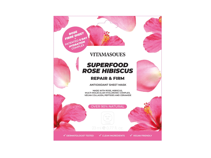 Vitamasques Superfood Repair & Firm Antioxidant Sheet MAsk, Rose Hibiscus, 0.77 fl oz/23 mL