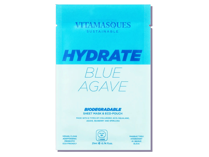 Vitamasques Sustainable Hydrate Biodegradable Sheet Mask & Eco-pouch, Blue Agave, 0.74 fl oz/21 mL