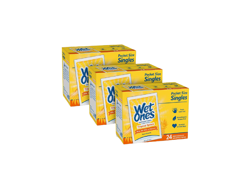 Wet Ones Antibacterial Hand Wipes Pocket Size Singles, Tropical Splash, 24 count (3 pack)