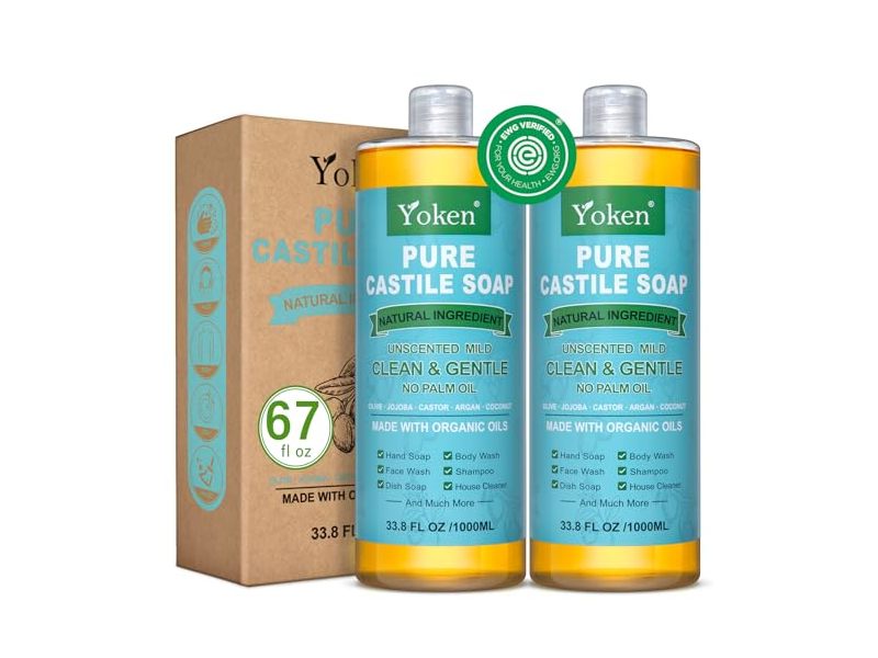 Yoken Pure Castile Liquid Soap, Unscented, 33.8 fl oz/1000 mL, Pack Of 2