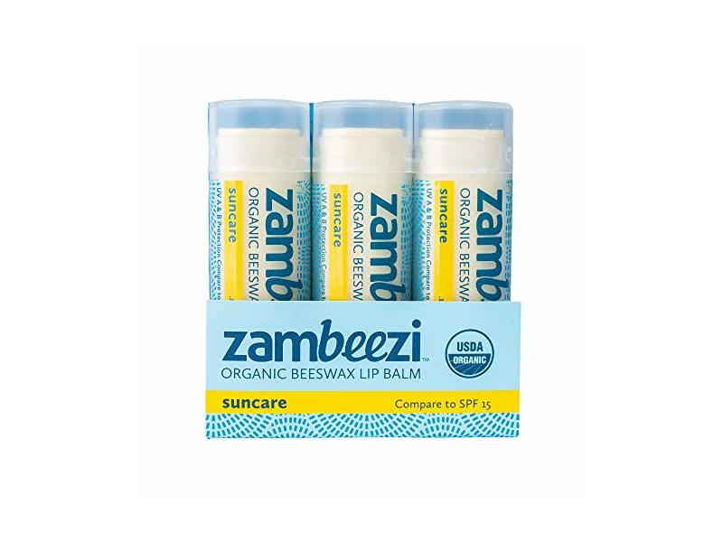 Zambeezi Beeswax Lip Balm, SPF 15, 3-pack