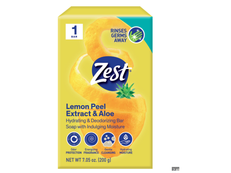 Zest Bar Soap, Lemon Peel Extract & Aloe Soap, 7.05 oz/200 g