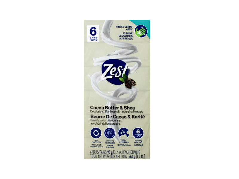 Zest Deodorizing Bar Soap, Cocoa Butter & Shea, 3.2 oz/90 g, 6 Count