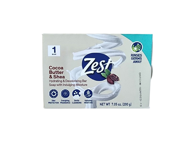 Zest Hydrating & Deodorizing Soap Bar, Cocoa Butter & Shea, 7.05 oz/200 g